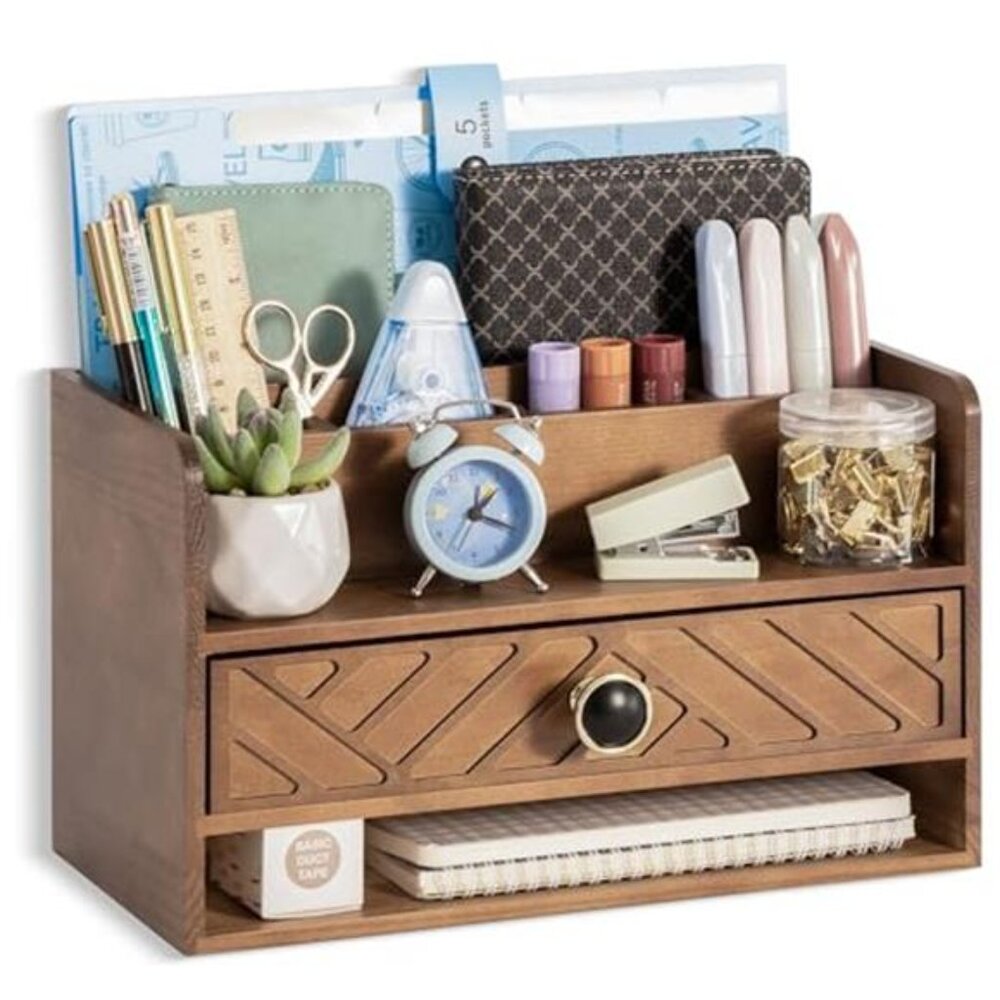 Brown Wood Desk Organizer with Drawer Office Supplies Mail File Holder Storage